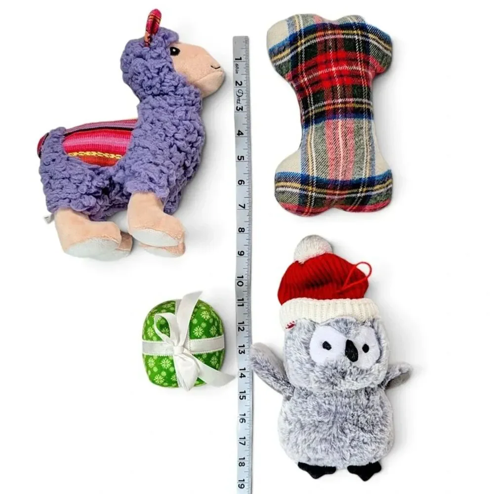 Small Dog Toy Bundle Plush Squeaky Llama Owl Christmas Present Plaid Bone Kong
